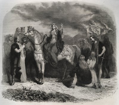Saint Radegonde burned a Pagan temple and converted the Gauls to Christianity - Engraving from 1846 in 