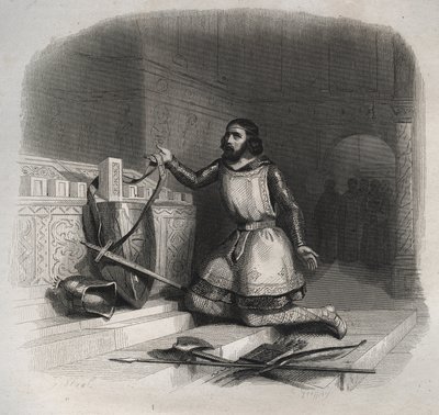 Saint William of Aquitaine (Guilhem of Gellone) (ca. 750/755-812/815) placing his arms on the tomb of Saint Julian the Martyr in Brioude. Engraving from 1846 in 