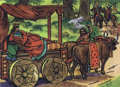 Scene depicting the lazy kings: King of France Thierry III (673-691) carries in a tank with a bed pulled by oxen. Anonymous illustration in 