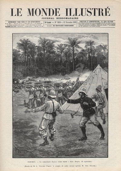 Second Dahomey War (1892-1894): death of the French commander Faurax during the Battle of Dogba on 19 September 1892 in Dahomey (now Benin). A newspaper. Engraving in 