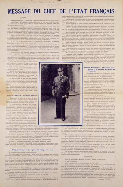Second World War and Vichy Regime: Message from the French Head of State Philippe Petain by Anonymous Anonymous