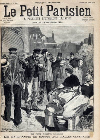 Small Parisian industry: soup merchants in the central markets. Engraving. One of the newspaper 