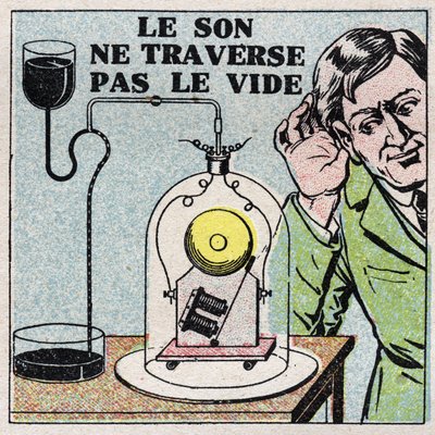 Sound energy: sound does not spread in a vacuum. We put an electric bell in a closed bell and then we empty it. Anonymous illustration from 1925. Private collection. by Anonymous Anonymous
