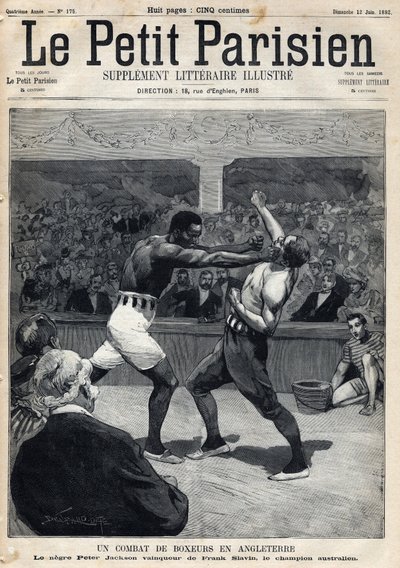 Sport, Boxing: A boxing match in England between Peter Jackson and Australian champion Frank Slavin. Engraving. One of the newspaper 