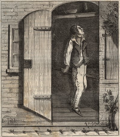 Suicide at the Rochefort bagne in 1840. Engraving in Histoire des bagnes depuis leur création à nos jours (1877) by Pierre Zaccone. Private collection. by Anonymous Anonymous