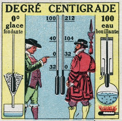 Temperature and expansion: Degre centigrade. Comparison between degres Farenheit and degres Celsius. Anonymous illustration from 1925. Private collection. by Anonymous Anonymous