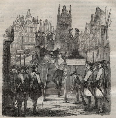 The Chevalier Francois-Jean Lefebvre de La Barre ascending to the scaffold in 1766. Engraving in 