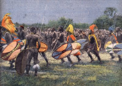 The Expedition of Former US President Theodore Roosevelt to Africa: Warrior Dance in Uganda. Engraving. One of the newspaper 