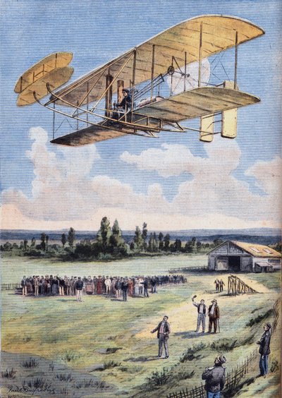 The Flying Men: the experiences of Wilbur Wright (1867-1912) above the Hunaudieres racetrack, near the town of Le Mans. Engraving from the newspaper Le Peute Parisien, on 30/08/1908. Private collection by Anonymous Anonymous
