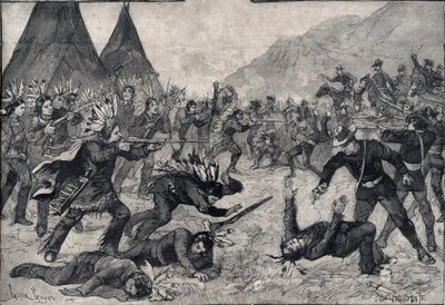 The Indian revolt in the United States: a fight between Sioux Indians and American troops. Engraving in 