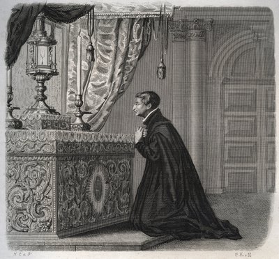 The Italian Jesuit Louis de Gonzague in Prayer. Engraving from 1846 in 