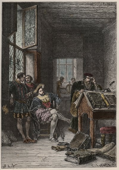 The King of France Francois I, protector of arts and letters, visiting the workshops of the printers Estienne, circa 1540 by Anonymous Anonymous