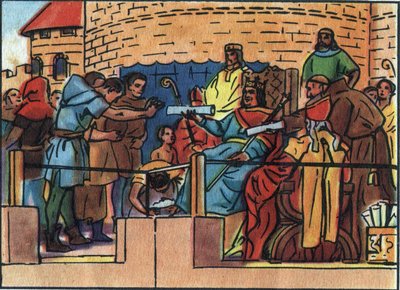 The King of France Louis VI the Fat (1081-1137) granting the Charter to the city of Paris. Anonymous illustration in 