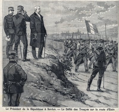 The President of the Republic Felix Faure (1841-1899) visits Verdun (Meuse): the defile of the military school of the road of Etin. Engraving in 