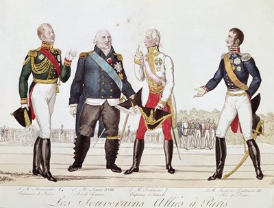 The allied sovereigns: Alexander 1st of Russia, Louis XVIII of France, Francois II of Austria and Frederich William III of Prussia during signature of Alliance in Paris September 1815 by Anonymous Anonymous