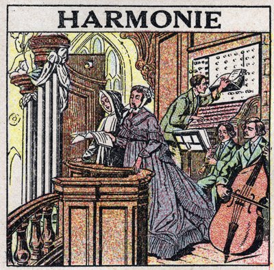 The art of sounds: harmony. Singers and musicians in a church. Anonymous illustration from 1925. Private collection. by Anonymous Anonymous