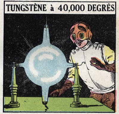 The atom and science: attempt to dissolve tungsten by volatilizing a fine wire of this metal to 40,000 degrees. Anonymous illustration from 1925. Private collection. by Anonymous Anonymous