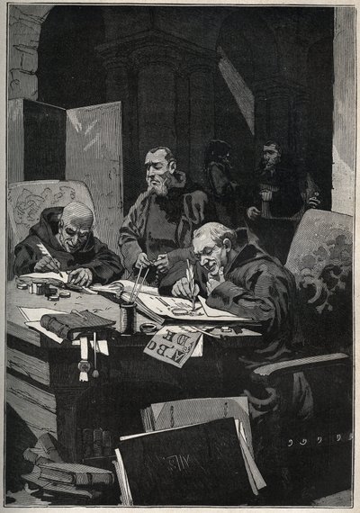 The chrysograph: monks copying and illuminating in gold letters in the middle ages. Engraving from 1885 in Les arts et metiers illustres by Adolphe Bitard. by Anonymous Anonymous