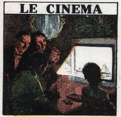 The cinematographer: a family watching a movie on a screen. Anonymous illustration from 1925. Private collection. by Anonymous Anonymous