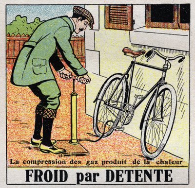 The cold industry: cold for relaxation. The relaxation of the gases produces cold while their compression produces heat as when inflating a bike tire. Anonymous illustration from 1925. Private collection. by Anonymous Anonymous