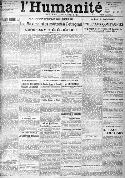 The coup in Russia on the headlines of the socialist newspaper Humanity. Headlines: The Masters Maximalists in Petrograd, Kerensky was deposited, The 9/11/1917 by Anonymous Anonymous