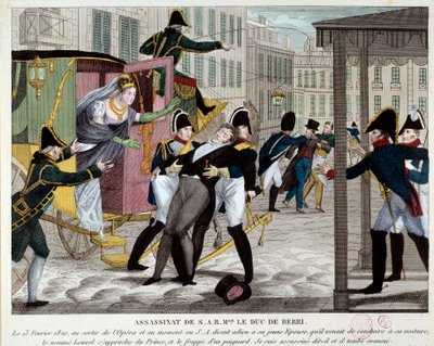 The death of Charles Ferdinand de Bourbon, Duke of Berry (1778-1820) 13/02/1820 at the exit of the Royal Academy of Music. The nephew of King Louis XVIII was assassinated at the Opera by Louvel, a republican who wanted to shut down the royal dynasty. (engr by Anonymous Anonymous