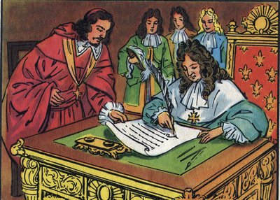 The Edict of Fontainebleau, signed by Louis XIV on October 18, 1685, revoked the Edict of Nantes granted by Henri IV in 1598. Anonymous illustration in 