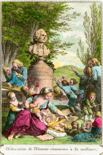 The education of man begins at his birth: mothers with their children, alongside a bust in tribute to the Swiss philosopher Jean Jacques Rousseau (1712-1778). Engraving of the 18th century by Anonymous Anonymous