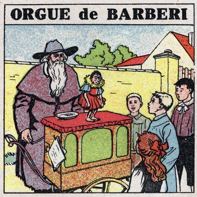 The effects of music: a prickly organ player and a monkey entertain children on a street. Anonymous illustration from 1925. Private collection. by Anonymous Anonymous