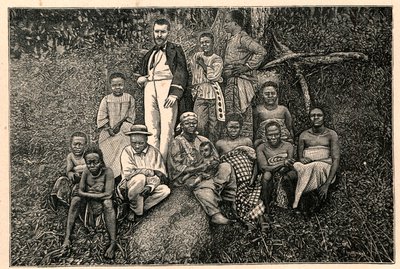 The explorer Pierre Savorgnan de Brazza (1852-1905) and a group of indigenous people from the Apostolic Vicariate of the Two Guineas in Gabon. Engraving in 