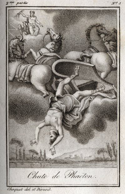 The fall of Phaeton, unable to control the Helios tank, was struck by Zeus, and fell into the Eridan River. Engraving from 1819 in 