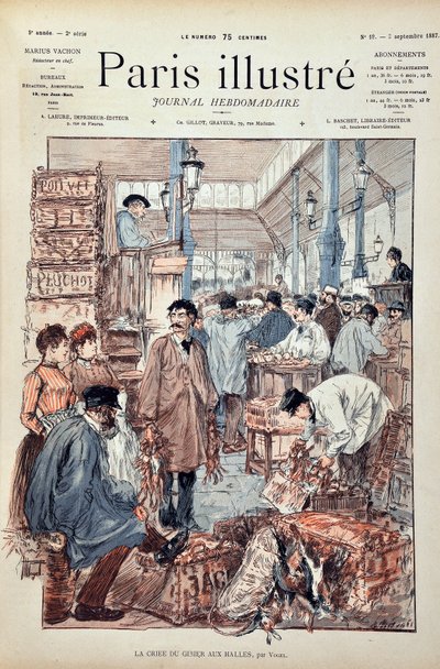The game criee at the Halles de Paris in 1887. Illustration by Hermann Vogel (1856-1918). Engraving from 1887 in 