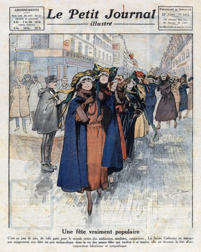 The journey of catherinettes, young celibatarian girls wearing traditional hats, in the streets of Paris. Illustration taken from 