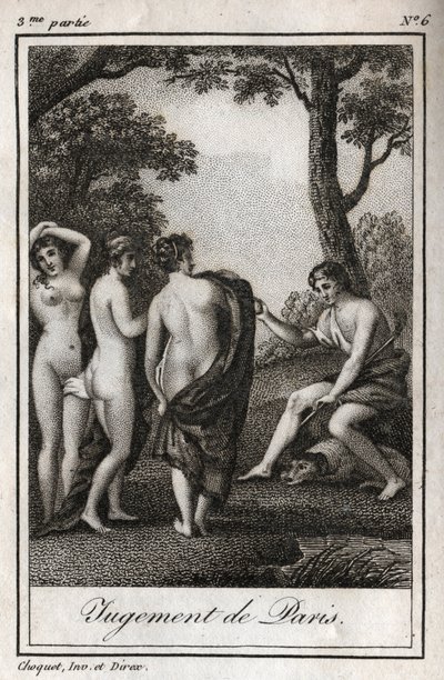 The judgment of Paris. The shepherd Paris must choose who he will give the golden apple to designate the most beautiful of the three goddesses, Athena, Aphrodite or Hera. Engraving from 1819 in Lettres a Emilie sur la mythologie by Charles Albert Demoustie by Anonymous Anonymous