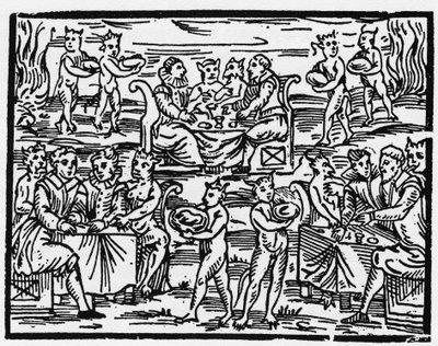 The meal of the witches on the Sabbath - Compendium Maleficarum, deals with the witches, their evil and their sortileges by Francesco Maria Guazzo or Guaccio or Guaccius (15?? -16??) 1608 Private Collection. by Anonymous Anonymous