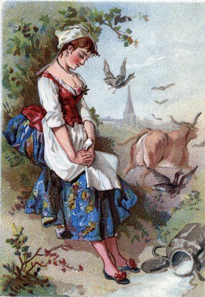 The milk and the milk pot. Fable by Jean de La Fontaine. Chromolithography of the 19th century. Private collection. by Anonymous Anonymous