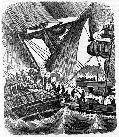 The pirate gentleman Jean Lafitte (1780-1826) approaches the Queen East ship of the Compagnie des Indes. Engraving of “The pirate