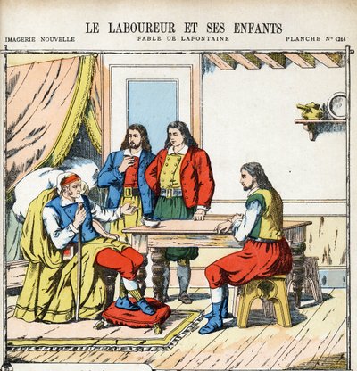 The plower and his children. Anonymous illustration for Les Fables by Jean de La Fontaine (1621-1695). Imaging of Pont-a-Mousson, circa 1880. Private collection. by Anonymous Anonymous