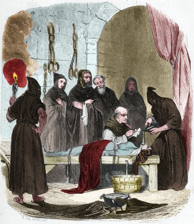 The question of water: Pedro de Arbues interrogates under torture a young woman who allegedly induced her sister to turn to Lutheranism. Tied by strings, water is poured into a cloth that is pushed into the bottom of the throat. by Anonymous Anonymous