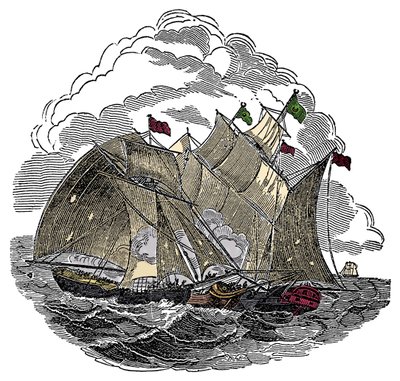 The ship of the pirate Henry Every attacked in September 1695 the fleet of the great Mughal Aurangzeb off Surate, India (engraving from 