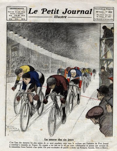 The six-day race: Piet van Kempen, Alfred Grenda, Seres and Maurice Brocco during the sprint. Engraving in Le Petit Journal illustre, on 16/04/1922 by Anonymous Anonymous
