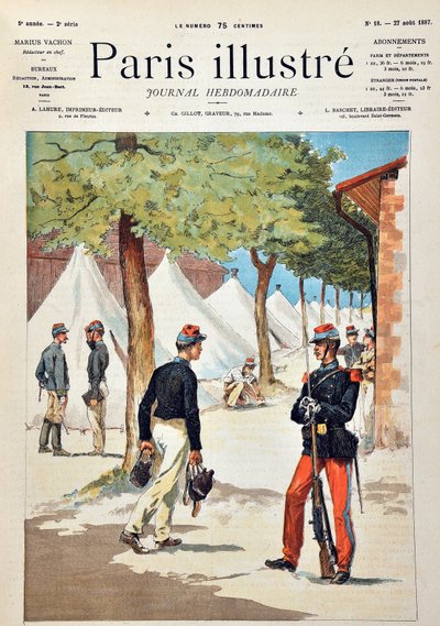The students of the school of Saint-Cyr at the camp of Chalons. Engraving from 1887 in 