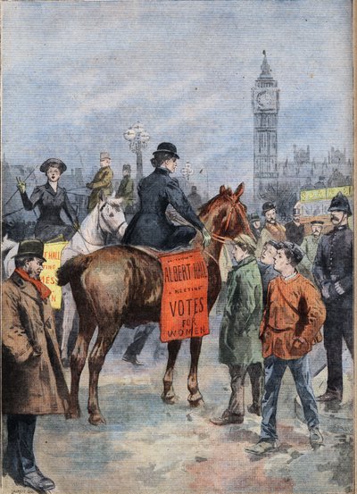 The suffragettes travel the city of London on horseback. Engraving from the newspaper Le Petit Parisien by Anonymous Anonymous