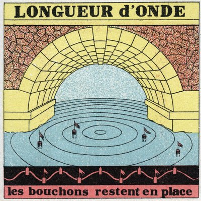 Vibratory movements: wavelength. A stone that falls into the water lowers and then lifts the water level, plugs in the water go up and down but remain in place. Anonymous illustration from 1925. Private collection. by Anonymous Anonymous