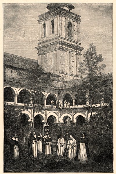View of the Dominican Convent in Quito, Ecuador. Engraving in 