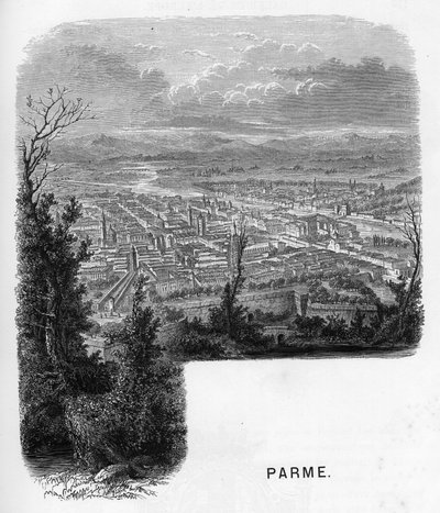 View of the city of Parma, Italy. Engraving of 1859 in les galeries de l