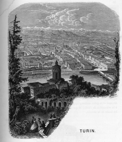 View of the city of Turin (Torino), Italy. Engraving of 1859 in 