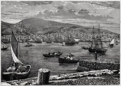 View of the island of Syra in Greece. Engraving in 