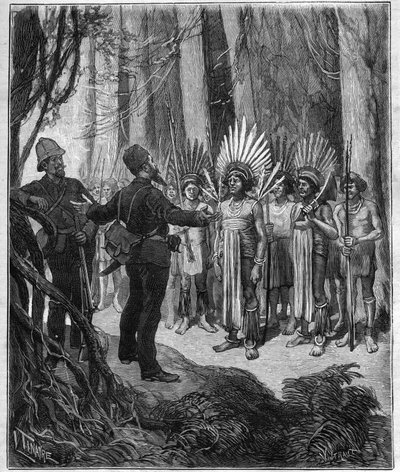 Voyage of Henri Coudreau, professor of geography and explorer in the Indian territory of Guiana - he received from Roucouyan chiefs - engraving in 