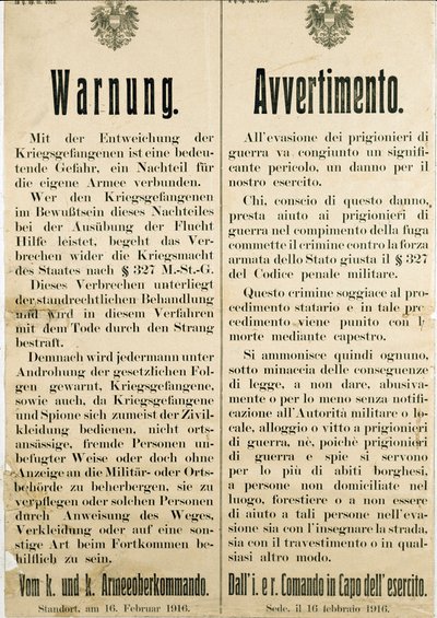 Warning After the Escape of Italian Prisoners of War on February 16th 1916 by Anonymous Anonymous